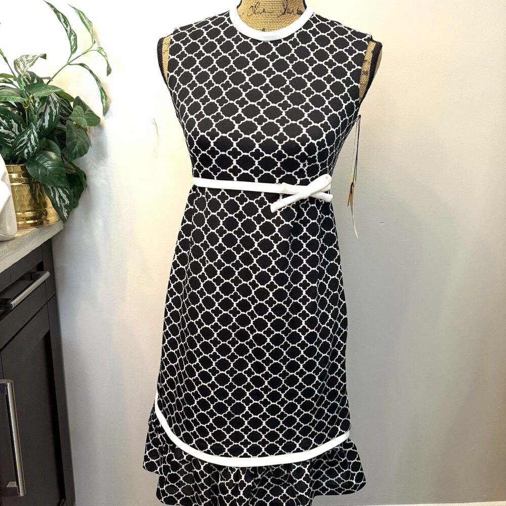 NOS Vintage 70s Black & White Mod Geometric Print Midi Dress S/M David Warren